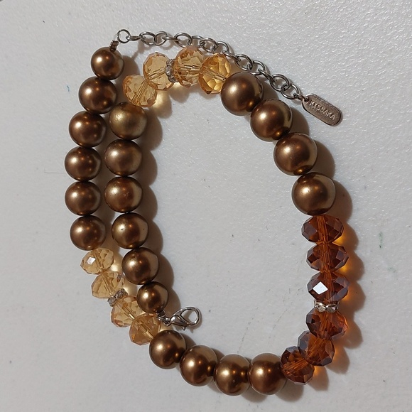 Kissaka Cognac And Topaz Shade Glass Crystals And Faux Pearls Bead Necklace - Picture 5 of 5
